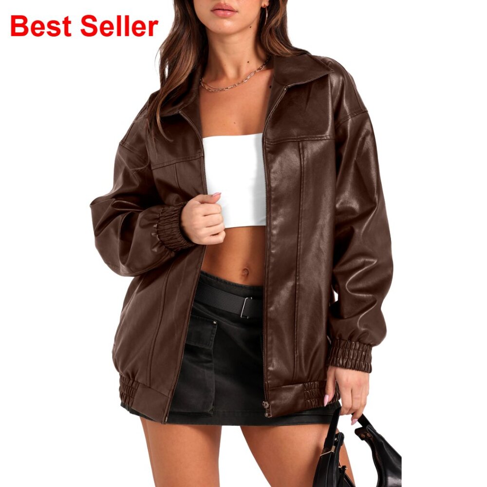 Faux Leather Oversized Motorcycle Bomber Jacket Women's Pu Coat